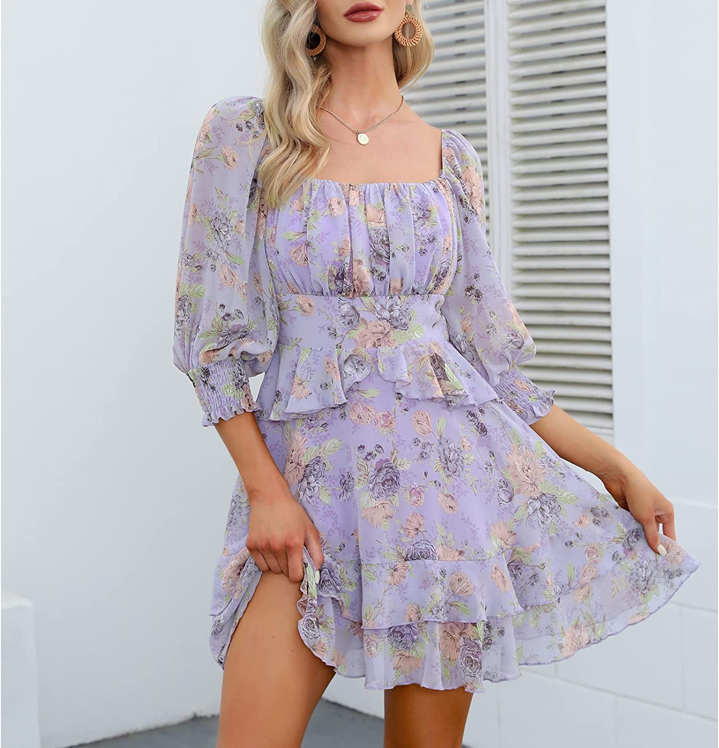 EXLURA Womens Floral Ruffle Summer Dress Sundress Tiered Square Neck Long Sleeve Off Shoulder Smocked Skater Mini Dress - Image 3